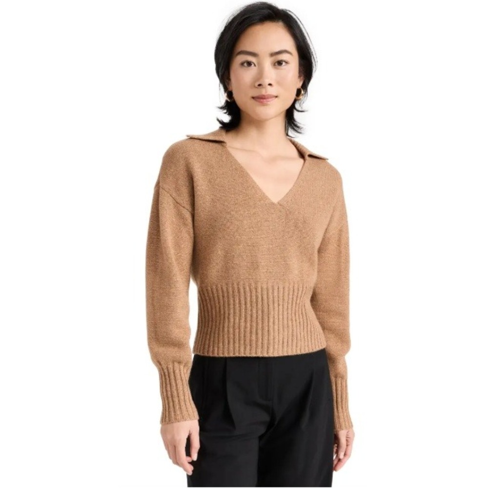 Reformation Beckie Cashmere Collared Sweater Panko Brown Pullover V-Neck Size XL